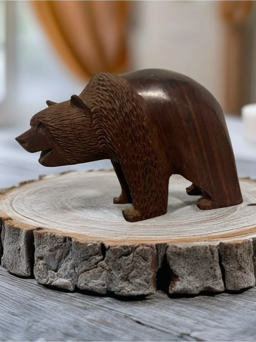 Hand-Carved Wooden Bear Sculpture - Brown